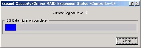 MegaRAID SAS User's Guide Expand Capacity Status When a capacity expansion is in progress, you can check its progress by selecting [Expand Capacity Status] from the [View] menu.