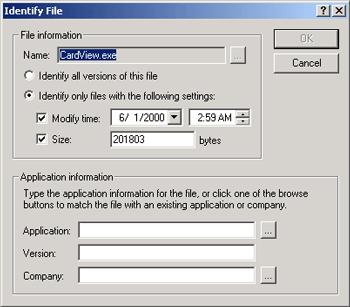 4 Specify the name of the application you want this file to identify with, the version, and the company name. If desired, change the modify time and size for the identification rule.