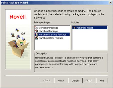 3 Right-click the newly created container that holds your policy packages, click New, then click Policy Package. 4 Select Handheld Service Package, then click Next.