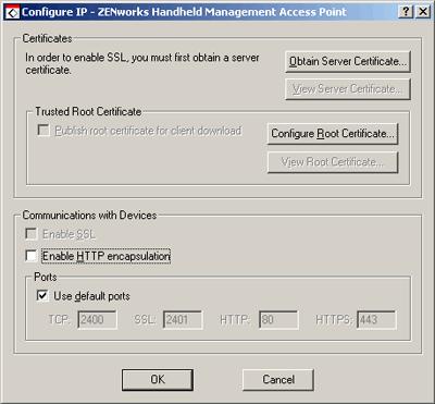 2c Click OK. 3 On the Handheld device, open the ZENworks console and do the following: For PalmOS devices, click the ZENworks menu > Server, then deselect the Use Default Port check box.
