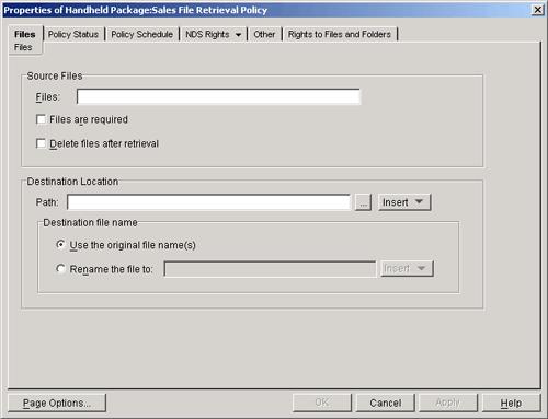 5 Select the check box under the Enabled column for the newly created Palm File Retrieval policy. This both selects and enables the policy. 6 Click Properties to display the Files page.