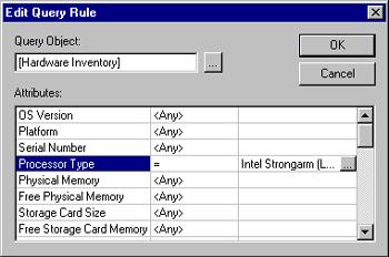 The first column lists the attributes you can make part of the query. Click the second column to display a down-arrow, click the down-arrow, then select the operator that you want to use.