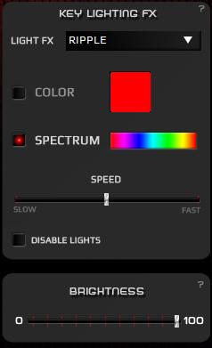 Under this submenu is the brightness slider to set the level of the brightness you prefer. Custom Light Fx When you select the custom light Fx you can color each key of the layout individually.