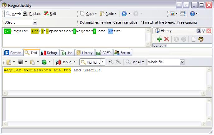 Regular Expressions This next screenshot shows the "Test" tab, in which a string has been entered to see if it matches the regex created previously.