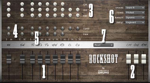 Kontakt Interface Guide 1. INSTRUMENT FADERS Control the level of each drum and cymbal: KK Kick drum SN Snare T1 Tom 1 T2 Tom2 T3 Tom 3 HH Hihat RD Ride C1 Crash 1 C2 Crash 2 2.