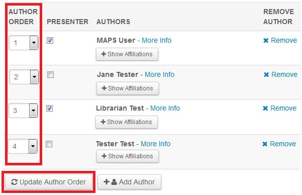 appropriate numbers in the Author Order column. Click Update Author Order.