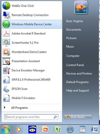 If the Windows Mobile Device Center or Microsoft ActiveSync does not automatically initiate once the handheld terminal is connected to your PC, you may need to initiate the application manually from