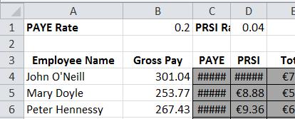 If this happens Excel will replace the number with ### (hash) symbols to prevent the user reading the incorrect figure as shown below.