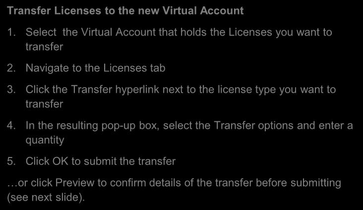 1 Transfer Licenses to New Virtual Account 2 Transfer Licenses to the new Virtual Account 1. Select the Virtual Account that holds the Licenses you want to transfer 2. Navigate to the Licenses tab 3.