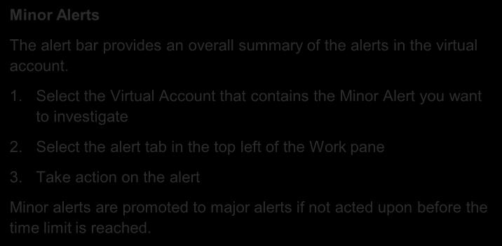 overall summary of the alerts in the virtual account. 1.