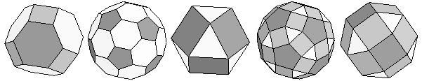1, for instance, has twelve faces (all regular pentagons) and twenty identical vertices.