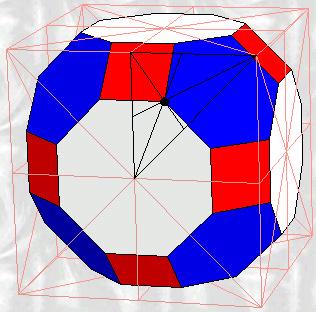 In this polyhedron none of the faces are regular polygons. Figure 12 shows a generated Archimedean solid as a result of KV being near the centre of the wedge. In this polyhedron (i.e., rhombi-truncated cuboctahedron) the faces are octagons, hexagons, and squares.