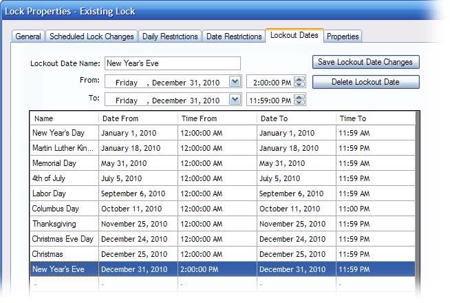 In this example, we ve created a Lockout Dates schedule that consists of holidays in 2010. Most holidays will have a lockout period of 24 hours; on New Year s Eve the lockout begins at 2 p.m. and lasts un l 11:59 p.
