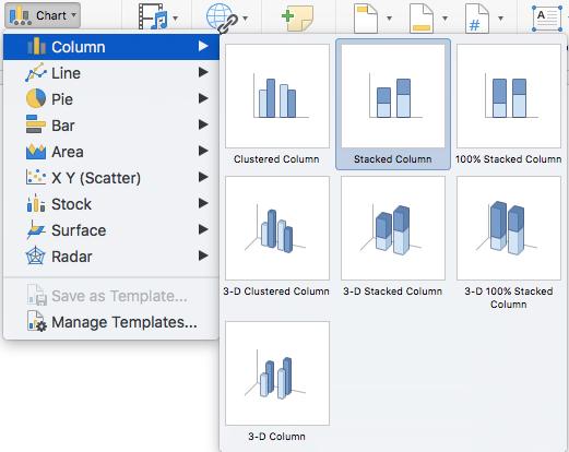 Charts To insert a chart, go to the Insert Tab > Chart. This will bring up subcategories of chart types.