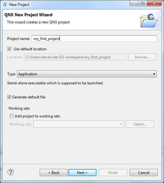 Ten Steps to Developing a QNX Neutrino Program Make sure that Generate default file is checked, leave Add project to working sets unchecked, and then click Next.