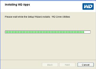 6. Wait for the installation to complete: 7. When the installation completes, click Finish to exit the WD Apps Setup Wizard: 8.