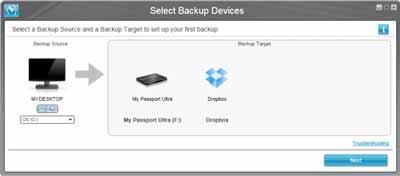 e. Click OK to display the Select Backup Devices screen: Note: At this point, the WD SmartWare Pro software is installed.