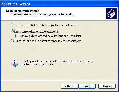 Figure 5: Select Local printer attached to this computer and then click Next. The first dialog box shown in Figure 6 will appear.