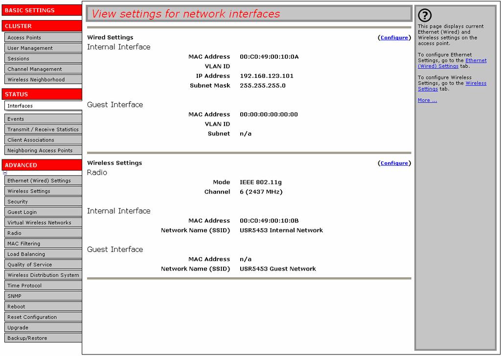 This page displays the current Ethernet (Wired) Settings and Wireless Settings.