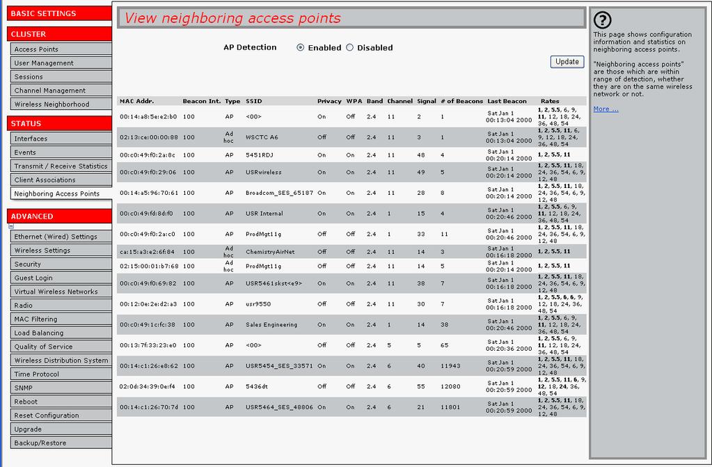 Neighboring Access Points The status page for neighbouring access points provides real-time statistics for all access points within range of the access point on which you are viewing the Web User