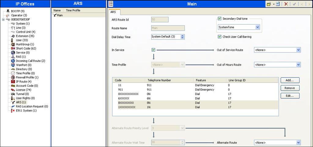 The following screen shows the example ARS configuration for the route Main.