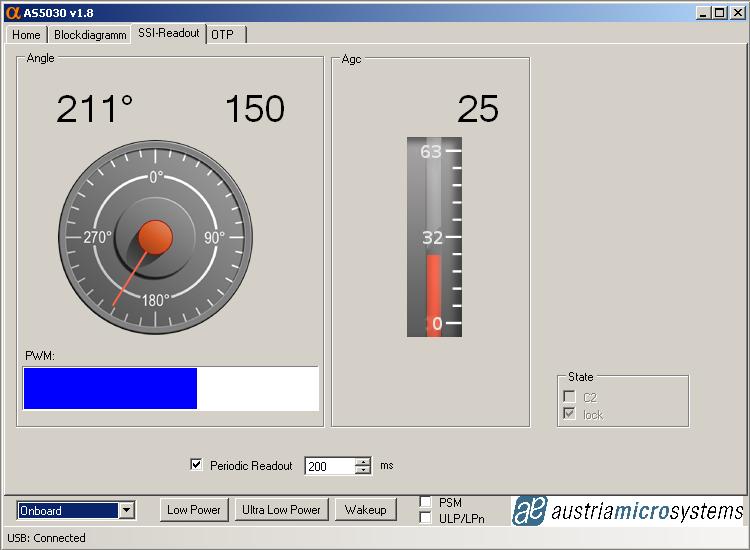 2.4 SSI-Readout After starting the demo software and selecting the SSI-Readout tab, the magnet angle, AGC value, PWM out value are displayed (see Figure 4).