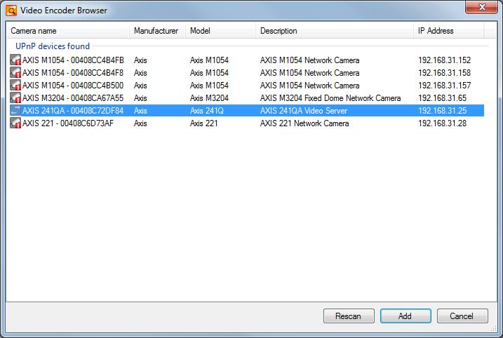 Ethiris Admin Admin Configuration for Ethiris Browse for video encoder(s) Figure 2.156 The Browse for video encoders dialog. Enable UPnP to be able to browse for video encoders.