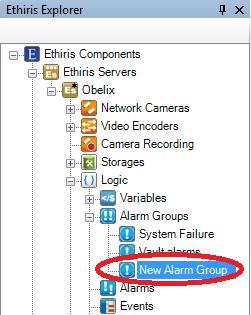 Ethiris Admin Admin Configuration for Ethiris Figure 2.203 New alarm group added. Alarm Groups panel Double-clicking the Alarm Groups node in the treeview opens the corresponding panel. Figure 2.204 The Alarm groups panel.