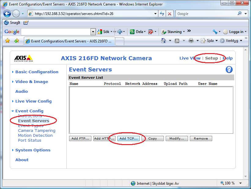 Admin Configuration for Ethiris Ethiris Admin Figure 2.251 Add TCP Event Server for a camera.