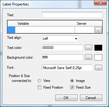 Text can be used for entering a static caption that will be displayed in the label object. Variable is the variable the label is connected to. Any variable can be connected to a label.