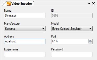 Ethiris Camera Simulator Simulator Camera in Ethiris Admin Configuration for Ethiris Figure 4.3 Dialog for adding a new video server (simulator).