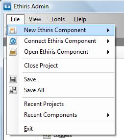 Ethiris Admin Main menu bar Admin Configuration for Ethiris 2.2.2 File menu Figure 2.47 The File menu in Ethiris Admin.