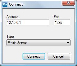 Admin Configuration for Ethiris Ethiris Admin Main menu bar Figure 2.53 The Connect Ethiris Component dialog in Ethiris Admin. Address is the IP-address of the computer where Ethiris Server runs. 127.