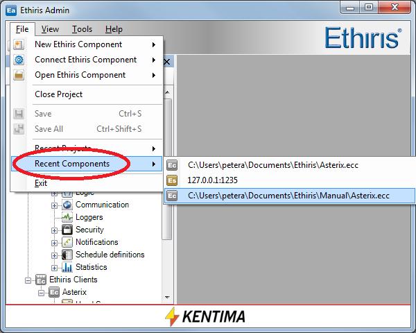 Ethiris Admin Main menu bar Admin Configuration for Ethiris Figure 2.58 Recently used projects menu. File->Recent Components is similar to the Recent Projects menu item.