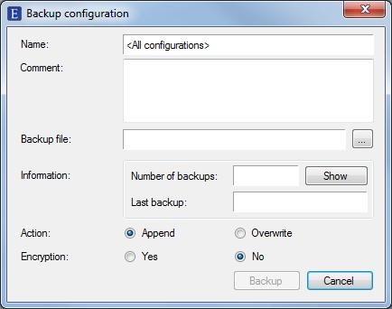 Ethiris Admin Admin Configuration for Ethiris Figure 2.75 Dialog for backup of all configurations. Name is read-only and is used for information about which configuration(s) to backup.