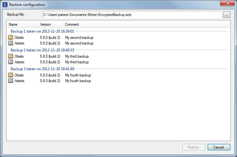 You can select another backup file if desired. Figure 2.78 Dialog for restore of backup.