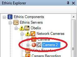Should you have opened the Network Cameras panel, the new camera would be added there too. Figure 2.94 New camera added. Notice the error icon to the left of the new camera node.
