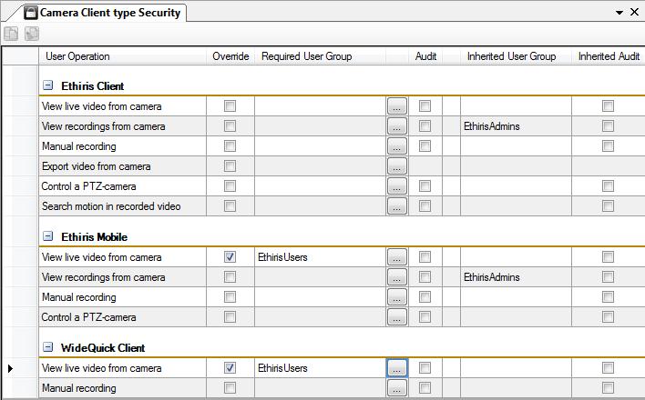 Admin Configuration for Ethiris Ethiris Admin Figur 2.119 The panel Client type Security for a network camera. In the list there are the same columns and the same operations as for camera security.