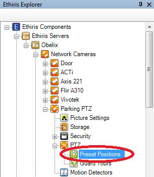 Admin Configuration for Ethiris Ethiris Admin Figure 2.122 The Preset Positions node for a Network Camera in treeview.