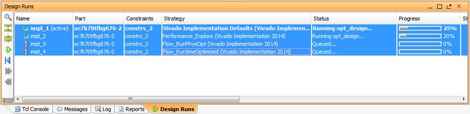 Step 3: Analyzing Implementation Results Figure 7: Two Implementation Runs in Progress When the active run, impl_1, completes, examine the Project Summary.