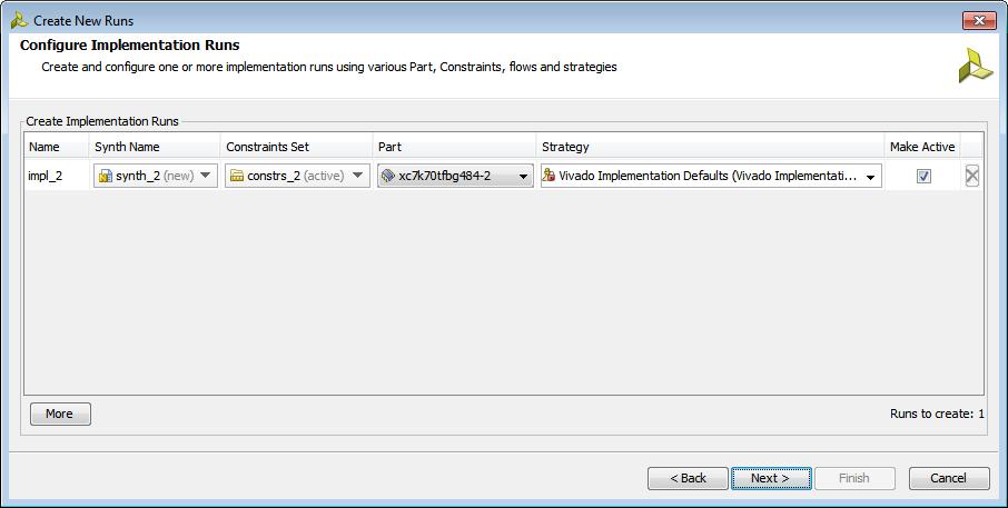 Step 3: Create New Runs The Create New Runs dialog box opens, prompting you to create new Synthesis, or Implementation runs, or to create both. 2. 3. Select Both and click Next.