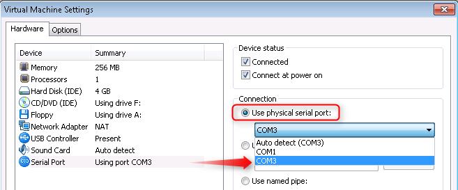 5. Set the port to the COM port used by the LinkManager. 6. If VMWare does not allow you to add a Serial port, it may be because the PC does not have a physical Serial port. 7.
