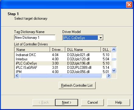 4) Designer will start now a quick wizard to import the CoDeSys symbol file; in the Step1 select a name for the dictionary and in the list of controller drivers make sure you have selected iplc