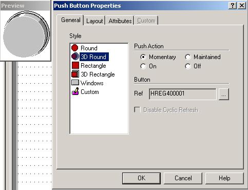 Single bit devices - Push button In Designer insert a Push Button onto the page. Click on the... next to the Ref to bring up the Data Field Properties page.