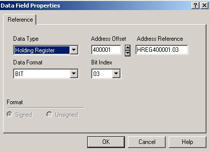 the Address offset to 400001 (%QW1), select BIT for the Data Format and set the Bit