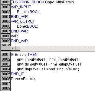 CopyHMIToRetain Function Block source Now lets examine the CopyHMIToRetain function block source.