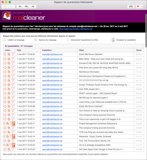 Configuring report delivery and format If quarantine mode is chosen for a particular address, MailCleaner sends a quarantine report for this address every day, week or month.