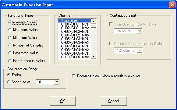 (2)Open the input screen by double-clicking on the cell where the data is to be pasted. Select the data channel. If "Recording time" is selected, the time is computed in place of data.