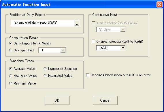 When the cursor is placed here, the daily report contents are displayed; click on the desired cell. Use this area when the input setup is to be input consecutively in the time or channel direction.