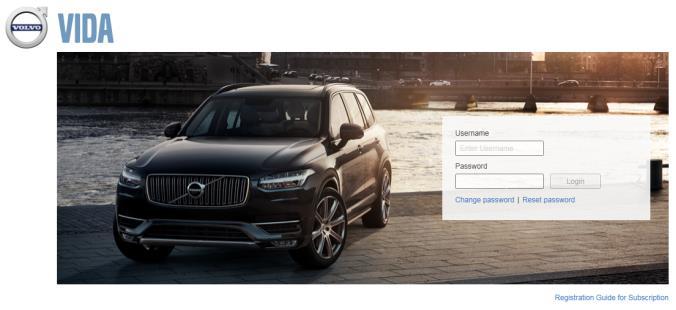 You should have received a VIDA user name and password from Volvo Tech Info by email, so enter this now.